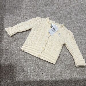 NWT Ralph Lauren Cream Cable Knit Ruffle-Trim Cardigan
